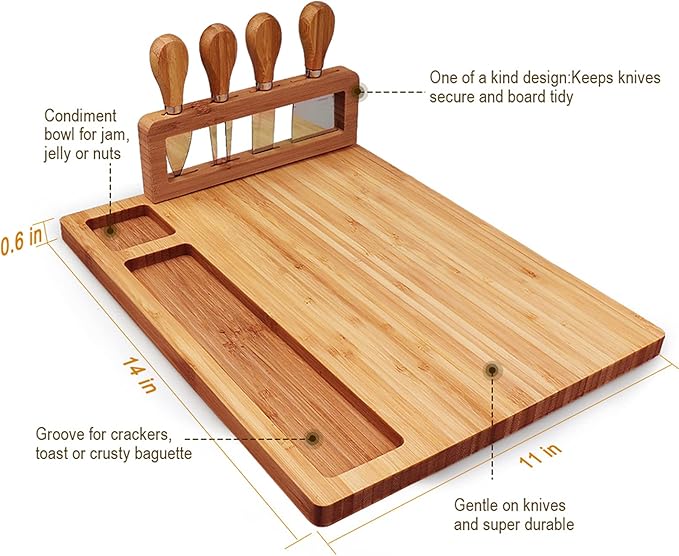 Bamboo Cheese Board Set, Cheese Tray, Charcuterie Board and Serving Meat Platter with 4 Stainless Steel Cheese Knives, Ideal for Wedding Gifts Christmas Birthday Party (14''x11'')