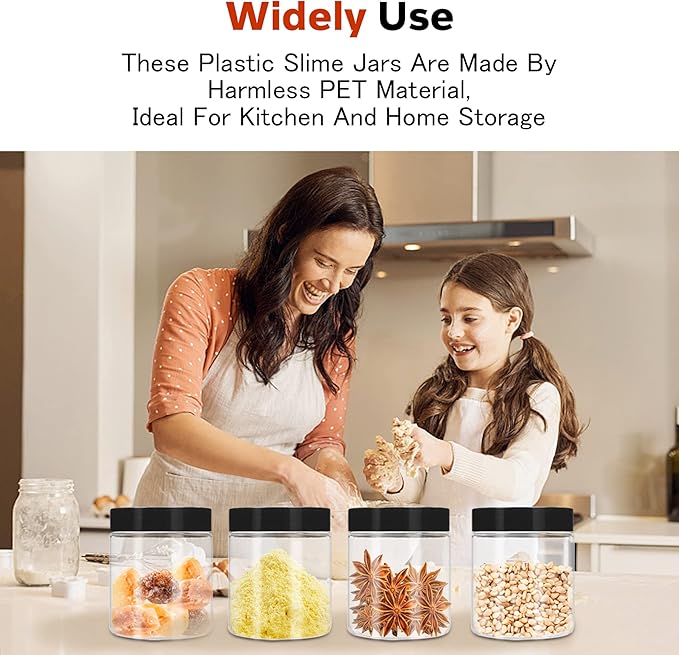 Plastic Jars with Lids 48 Pcs 8 oz & 3.4 oz Clear Plastic Slime Storage Jars Containers with Airtight Black Screw On Lids Cylinder Clear Round Jar Easy Clean Food Grade Durable Jar