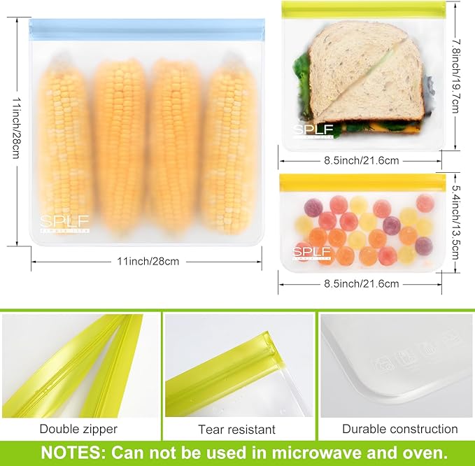 SPLF 12 Pack Dishwasher Safe Reusable Bags, Leakproof Reusable Freezer Bags, BPA Free Food Storage Bags for Lunch, Meal Prep, Marinate, Veggies, Travel - 2 Gallon 5 Sandwich 5 Snack