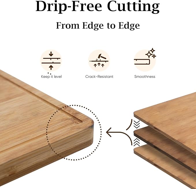 ICEDOG-3-Piece Bamboo Cutting Board Set - Reversible with Juice Groove, Non-Slip Pads - for Meat, Vegetables, Cheese - Pre-Oiled Natural Wood - Kitchen Gift (Brown)