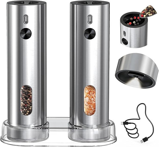 CIRCLE JOY Rechargeable Electric Salt and Pepper Grinder Set with Base, Automatic Stainless Steel Pepper Mill Grinders with 110ml Container, Adjustable Coarseness and White LED Light, Silver