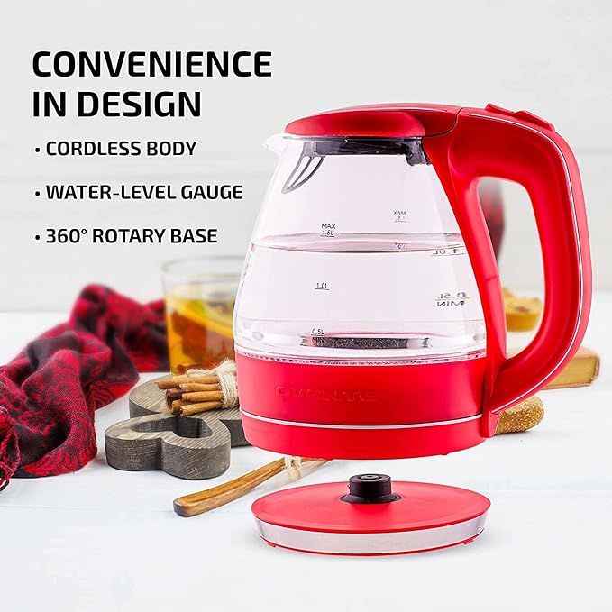 OVENTE Electric Kettle, 1.5L Borosilicate Glass Countertop Water Heater and Boiler for Coffee or Tea, BPA-Free, Auto Shut-Off, Boil-Dry Protection, Removable and Washable Spout Filter, Red KG83R