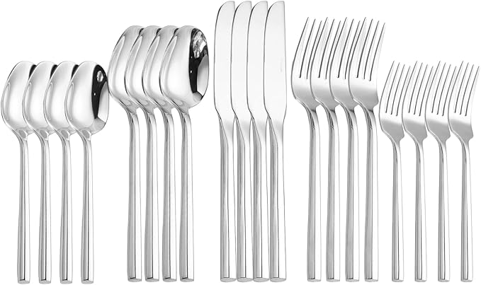 Silverware Set,Zerophilo Flatware Set with Hexagon Handle 20 Pieces 18/0 Stainless Steel Cutlery Set for 4 Mirror Polished,Dishwasher Safe