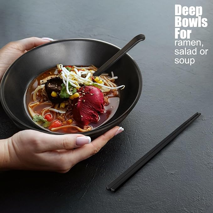 Set of 4 Ramen Bowl Set, Melamine Large Japanese Style Noodle Soup Bowls Set with Spoons and Chopsticks for Ramen, Pho, Noodles, Asian Dishes Black,Large Bowl for Adults| Dishwasher Safe (Black 8.7in)