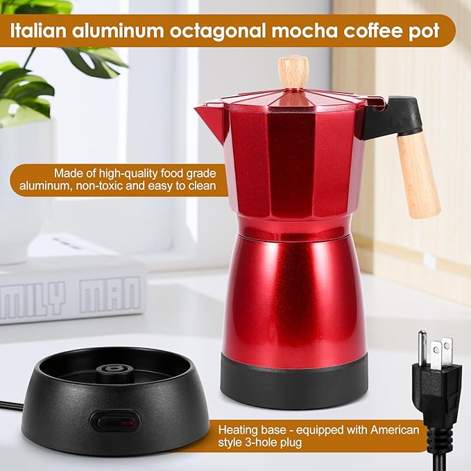 AOZBZ Moka Pot Electric Espresso Coffe Maker, 300ml 6 Cups Portable Coffee Pot with Overheat Protection and Detachable Base, Electric Espresso Maker, 450W, Red