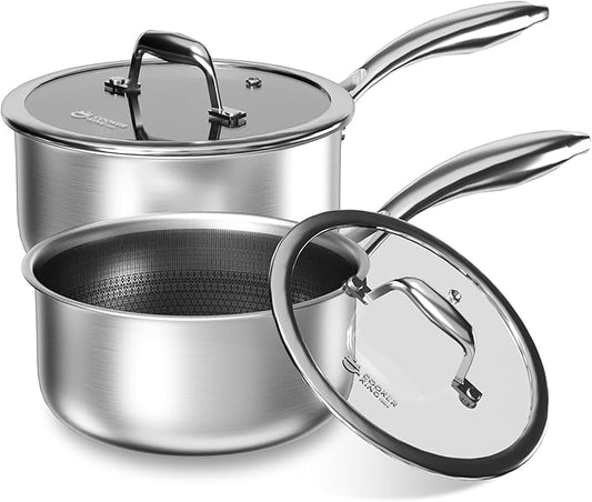 COOKER KING Sauce Pan Set, 1.5 QT & 2 QT Saucepan with Lid, Hybrid Ceramic Nonstick Saucepan, non stick Sauce pot, Stainless steel Cookware, Induction Compatible (PFAS/PFOA/PTFE Free)