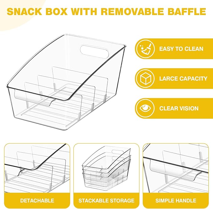 6 Pack Clear Pantry Organizer Storage Bins Removable Snack Organizer Plastic Cabinet Organizers Racks with 3 Dividers, Refrigerator Bins Kitchen Storage