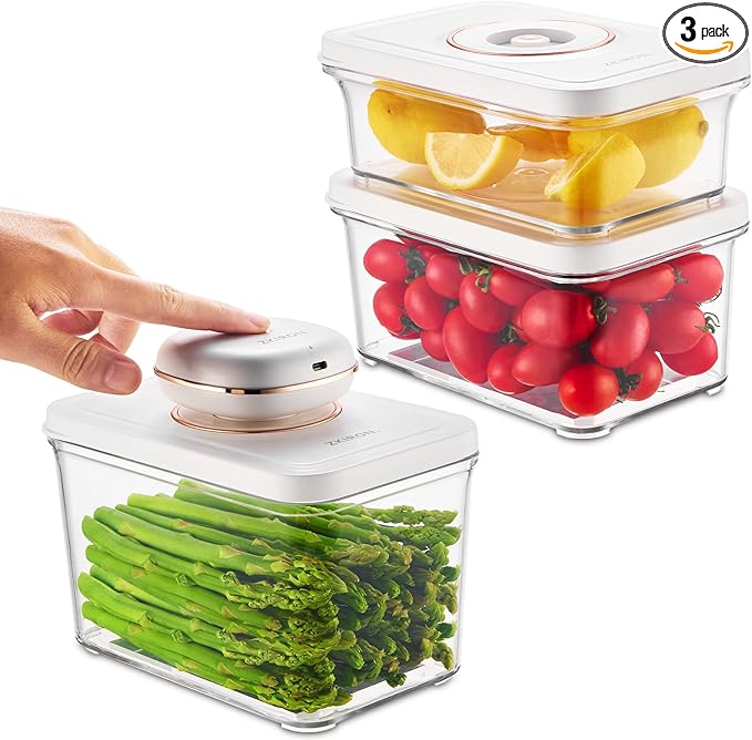 3 Vacuum Seal Containers Set with Sealer Machine - Airtight Food Storage Containers, Meal Prep Containers, BPA-Free & Leakproof, for Vegetable, Meat, Snack, Bread and More (white)