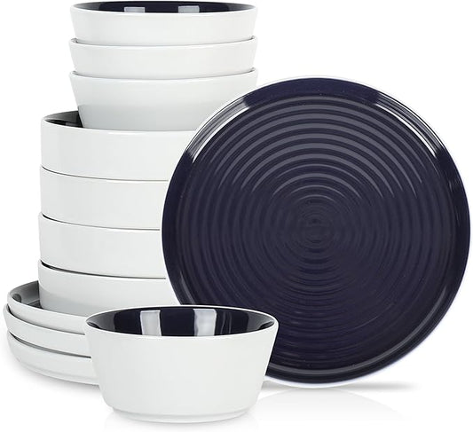 Stone Lain Elica 12-Piece Modern Dinnerware Set Stoneware, Plates and Bowl Sets for 4, Navy and White