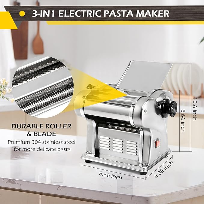 Dyna-Living Electric Pasta Maker Noodle Maker Machine Dough Spaghetti Roller Pressing Machine Thickness Adjustable Stainless Steel 135W for for Home Family Use (1.5mm round noodle+4mm flat noodle)