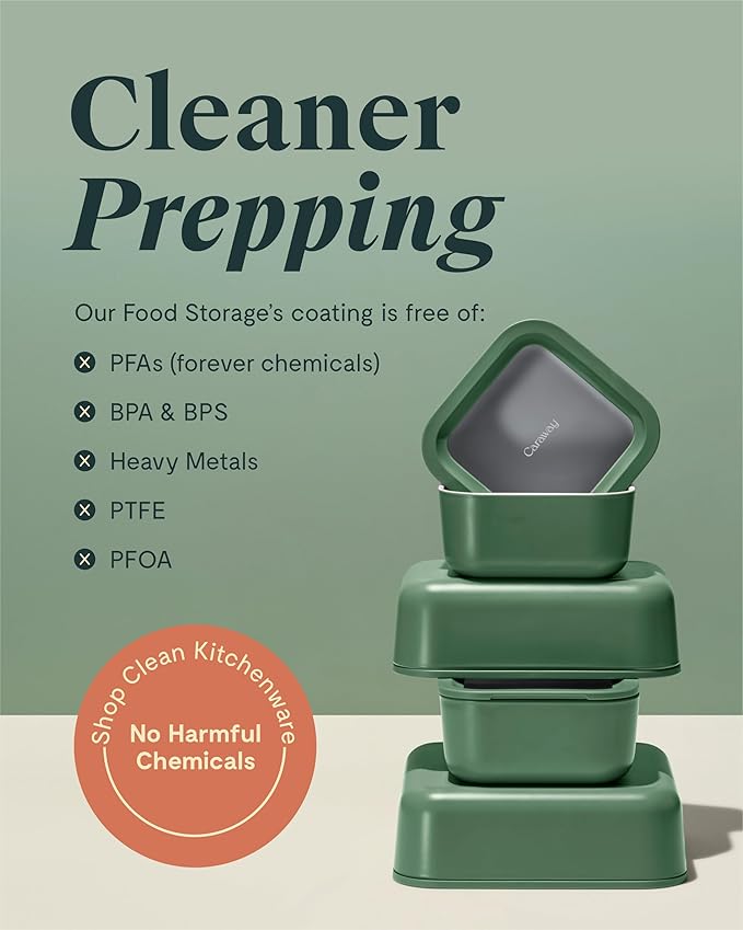 Caraway 3pc Glass Food Storage Set – 10 Cup, 6.6 Cup, & 4.4 Cup Food Containers - Ceramic Coated - Non Toxic Non Stick Lunch Box with Glass Lids - Dishwasher, Oven, & Microwave Safe - Mist