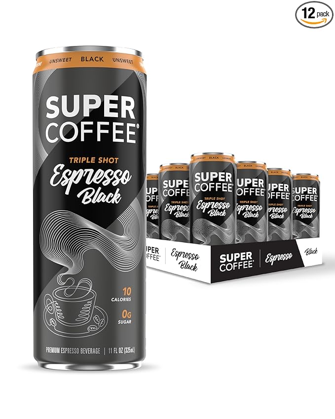 SUPER COFFEE Espresso, Iced Keto Coffee (0g Added Sugar, 10 Calories) [Triple Shot Black] 11 Fl Oz, 12 Pack | Cold Brew, Smart Coffee Drinks - SoyFree GlutenFree