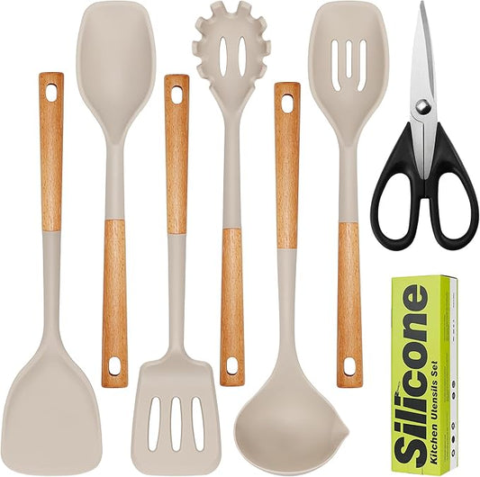 Large Silicone Cooking Utensils Set 7 Pcs, Wooden Handles Heat Resistant Spatula Set, Food Grade Silicone Kitchen Utensils Set with Holder, Gadgets BPA Free for Non-Stick Cookware