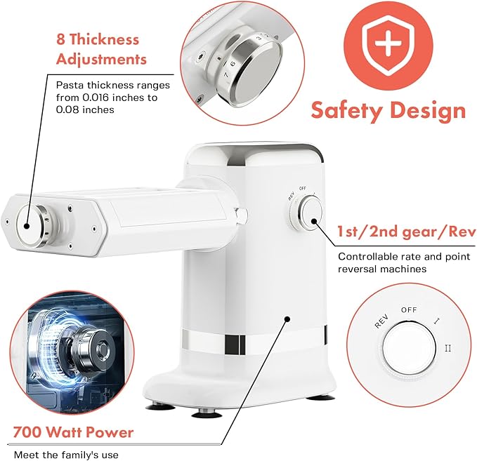 GVODE Electric Pasta Maker - 3-in-1 Pasta Sheet Roller & Cutter Set 700W Max Motor, includes Fettuccine & Spaghetti Maker with Cleaning Brush, White