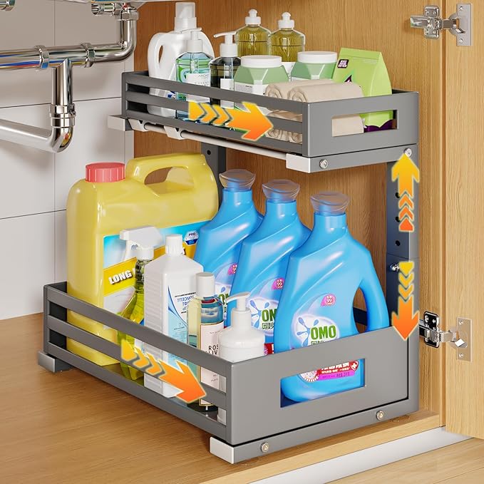 1-Pack Under Sink Organizers and Storage,2-Tier L Shape Pull Out Cabinet Organizer With Round Tube Slide Rails,Hight Adjustable Slide Out Drawers for Kitchen&Bathroom,Multi-Purpose Storage Shelf-Gray