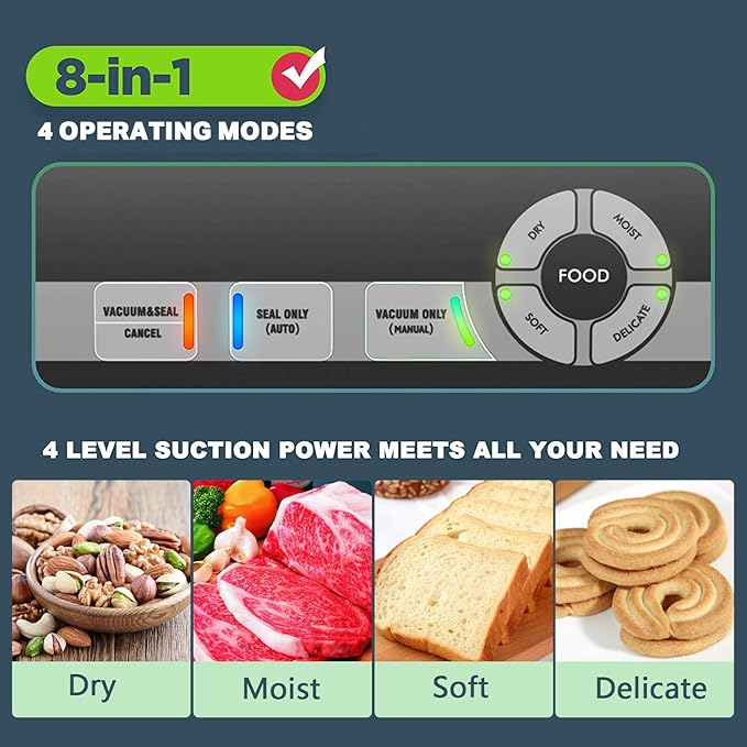 Precision Vacuum Sealer Machine, Powerful Pro Vacuum Food Sealer, 8-in-1 Easy Presets, 4 Food Modes, Dry&Moist&Soft&Delicate with Starter Kit, Compact Design(Silver)