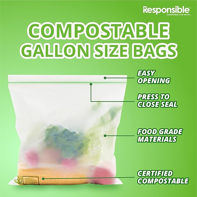 Certified Compostable Large GALLON Resealable Zip Bag, Extra Strength Food Bags, Made from Plant Materials (14 Pack)