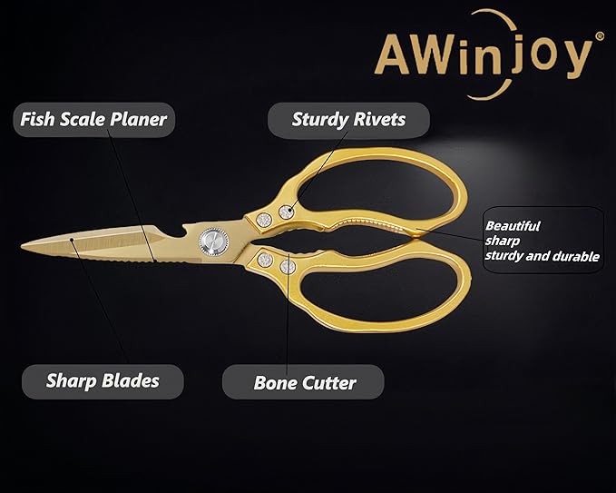 Kitchen Scissors, Heavy Duty Sharp Kitchen Shears Dishwasher Safe, Kitchen Accessories Cooking Shears for Kitchen Meat Chicken Fish Poultry Herb Bread (All Gold), skr-05