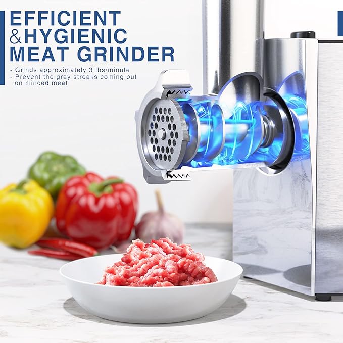 CHEFFANO Meat Grinder, Electric Meat Grinder and Sausage Maker Includes 3 Size Stainless Steel Sausage Stuffs, 2 Cutting Blades, 3 Grinder Plates, Plastic Sausage Tubes & Kubbe Kit for Home Use