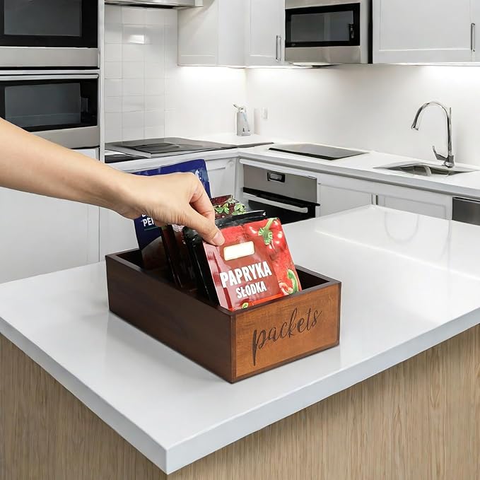 Packet Organizer, Acacia Wood Packet Storage Organizer with 3 Compartments,Farmhouse Kitchen Organization for Spice, Gravy, Taco, and Dressings Packets for Kitchen, Brown Labeled Packets