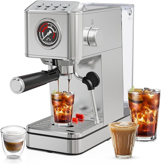 EM623 Espresso Machine 20 Bar with Steam Milk Frother, Stainless Steel Coffee Machine with Removable Water Tank for Cappuccino,Latte, Compact Stainless Steel Coffee maker for home,Great Gift