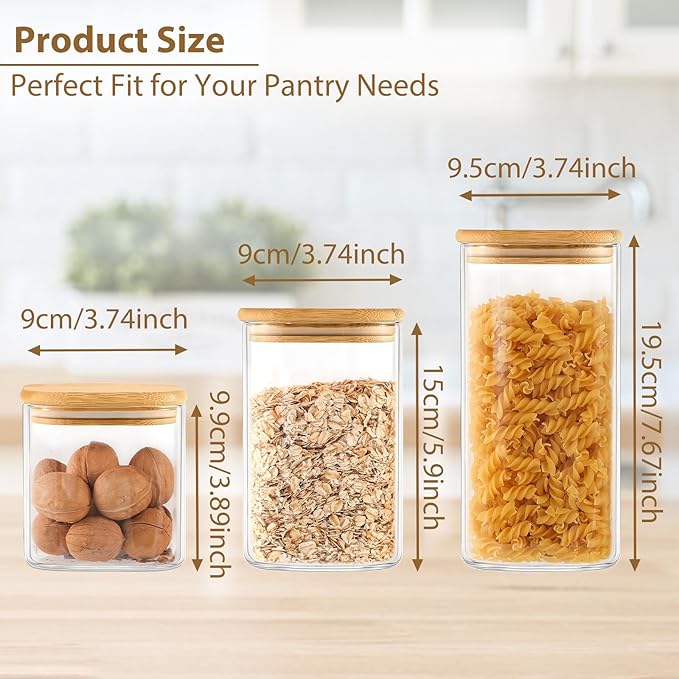 6 Pack Square Glass Storage Containers with Bamboo Lids (24oz/37oz/51oz) – Clear Food Airtight Canisters Sets for The Kitchen, Glass Jars for Coffee Beans, Coffee, Flour, Snacks, Spices