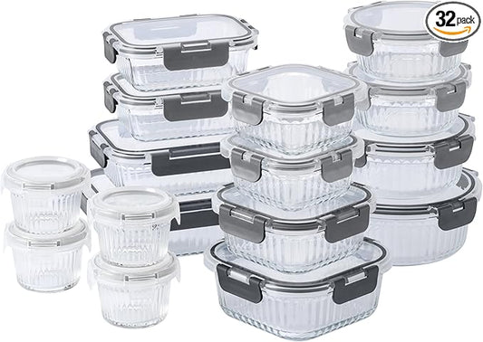 COOK WITH COLOR Premium 32-Pc. Borosilicate Glass Food Container Set with Dividers - 4 Rectangles, 8 Rounds, 4 Squares - Leakproof Lids - Meal Prep, Storage, Fluted Ombre Grey
