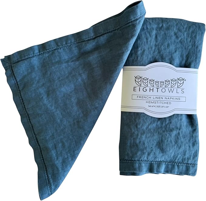 Hemstitched Linen Napkins – 20 Inch x 20 Inch – Stonewashed Pure Linen Cloth Dinner Napkins with Mitered Corners - 100% French Flax – Machine Washable - Set of 4 (Soft Teal Blue)
