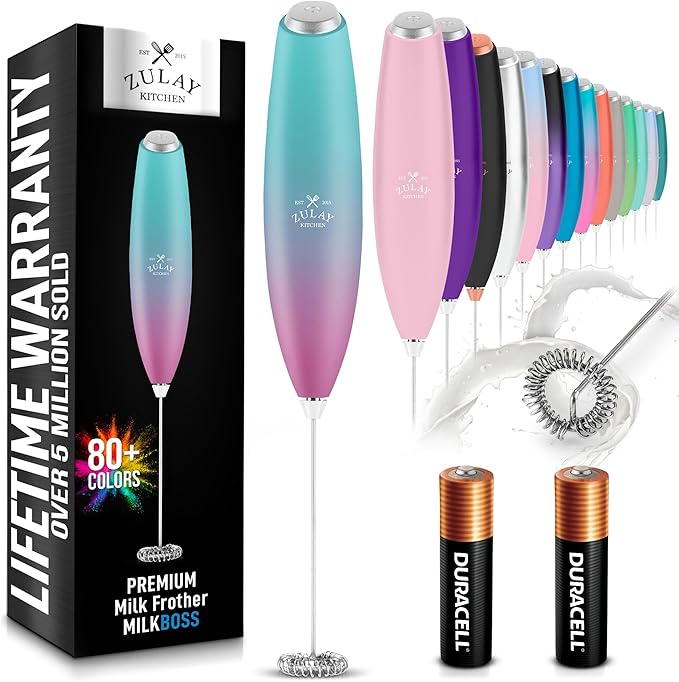 Zulay Kitchen Handheld Milk Frother with Duracell AA Batteries – Ultra Fast Electric Mixer & Foam Maker, Easy-Clean Drink Mixer for Coffee & More - Teal Pink Fade