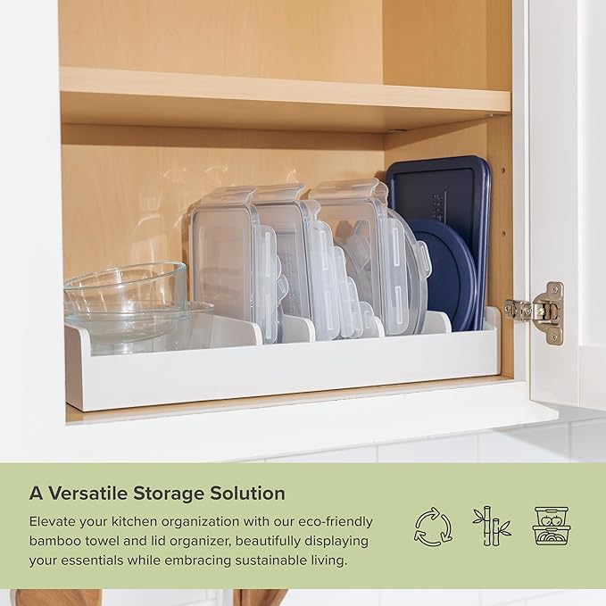 Bamboo Kitchen Towel and Food-Storage Organizer, Perfect for Kitchen Drawers, Cabinets, Pantry, 5 Adjustable Wall Inserts, Non-Slip Feet, Organize Food Containers, Food-Safe White Finish