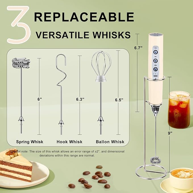YUSWKO Beige Handheld Milk Frother Wand with Stand for Coffee, Rechargeable Electric Whisk with 3 Heads 3 Speeds Drink Mixer Coffee Frother For Latte, Cappuccino, Hot Chocolate, Egg