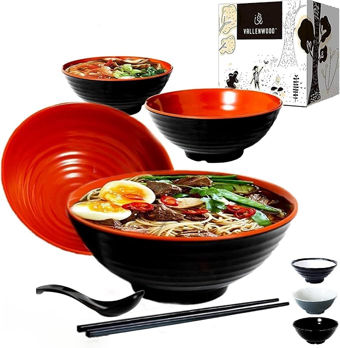 4 Ramen Bowls, 12 pieces Pho set. Red Black Ramen Bowl Set. Unbreakable Melamine. Asian Japanese soup. Spoons And Chopsticks kit. . XL 37 oz. Noodles, Rice, Udon, Thai, Chinese, Korean, Wonton, Miso