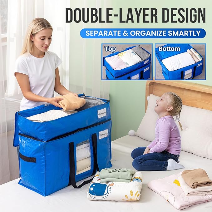 TAILI 2 Tier Extra Large Moving Bags, 2 Pack Blue Heavy Duty Totes for Storage with Visible Window, Wrap Around Handles, Storage Bags for Space Saving, Alternative to Moving Boxes