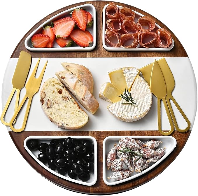 Shanik Upgraded Lazy Susan Cheese Cutting Board Set - Round Acacia Charcuterie Board With 4 Ceramic Bowls - Wedding Gifts - Cheese Serving Platter - Bridal Shower