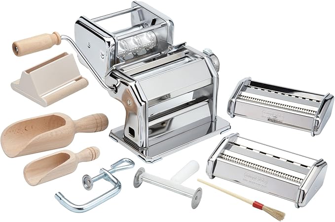 Imperia Pasta Maker Machine- Deluxe 11 Piece Set w Machine, Attachments, Recipes and Accessories - Made in Italy, Make Authentic Homemade Noodles like Spaghetti, Ravioli and Fettuccine
