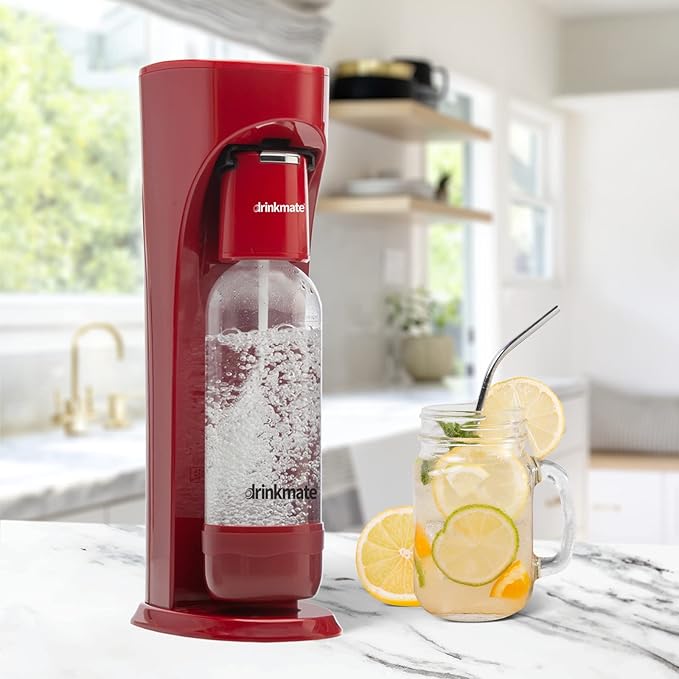 Drinkmate OmniFizz Sparkling Water and Soda Maker, Carbonates Any Drink, Bubble Up Bundle - Includes Two 60L CO2 Cylinders, One Carbonation Bottle, and Fizz Infuser (Royal Red)