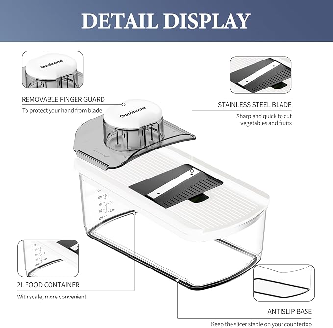 Ourokhome Vegetable Mandolin Slicer, Hand Safe Kitchen Food Shredder with 6 Mandoline Blades, Veggie Waffle Cutter for Potato, Carrot, Zucchini, Onion, Essential Kitchen Gadgets (6 in 1, White)
