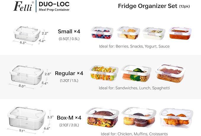 Felli Duo Loc Meal Prep Container for Refrigerator, Leak Proof Stackable Kitchen Tupperware for Leftovers Food Storage Travel Lunch Container for Adults, Small & Large Box (Fridge Organizer 12pk)