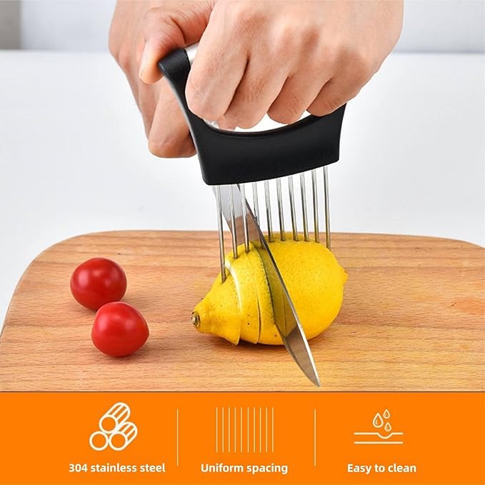 Onion Holder for Slicing, Upgrade Stainless Steel Onion Slice Holder Lemon Slicer Vegetable Cutter, Assistant Tool for Slicing Fruit, Potato, Tomato and Meat (2 Pack)