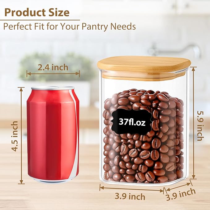 37oz(1.2Qt) Square Glass Storage Containers with Bamboo Lids – 4 Pack Clear Food Airtight Glass Jars for Pantry Organizers and Storage, Kitchen Dry Food, Coffee, Sugar, Flour, Snacks, Spices