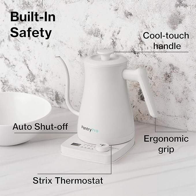 1.0L 1500W Gooseneck Electric Kettle - Stainless Steel Interior - Rapid-Boil - Auto Shut-Off, Boil-Dry Protection, Temperature Control, LED Indicator - White by The Display Guys