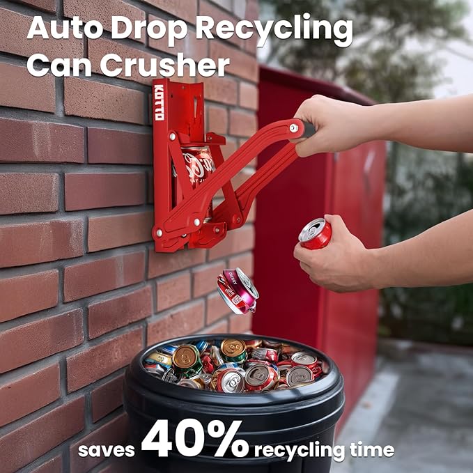 Kotto Can Crusher - Wall Mounted Can Crushers for Recycling - with Auto-Drop System -Built-in Bottle Opener-Crushes 8-16oz Cans-Includes Kitchen Storage Bag-Heavy Duty Can Crusher for Home Use-Red