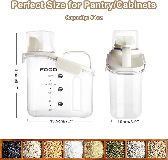 2 PCS Cereal Storage Containers, 1.5L/51oz Dry Food Rice Holder, Pet Dog Cat Food Dispenser with Measuring Cup, BPA Free Clear Plastic Kitchen Pantry Organization Bin, 1 Blue+1 White