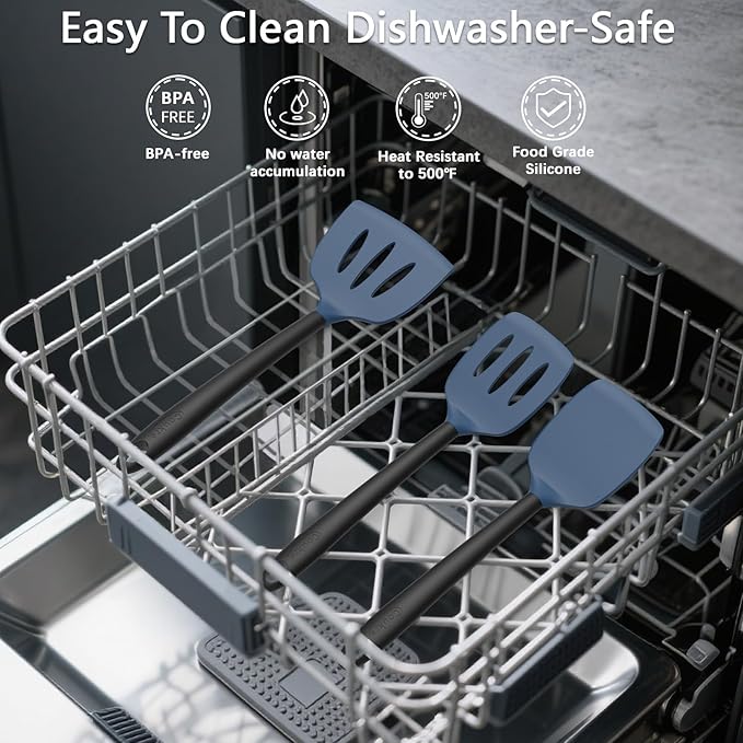 Coukre Silicone Kitchen Cooking Utensils Set with Holder – Heat-Resistant, Food-Grade Kitchen Tools, Spatula, Spoon & Gadgets for Non-Stick Pans, Dishwasher Safe (14, DarkBlue)