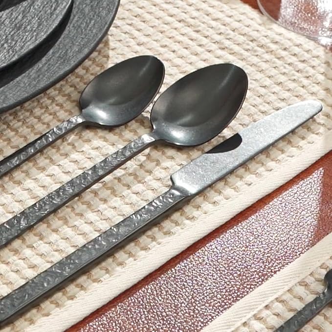 KINGSTONE 30 Pcs Black Hammered Silverware Set for 6, 18/10 Stainless Steel Heavy Duty Flatware Set, Tableware Cutlery Utensil Sets for Home Restaurant Dishwasher Safe