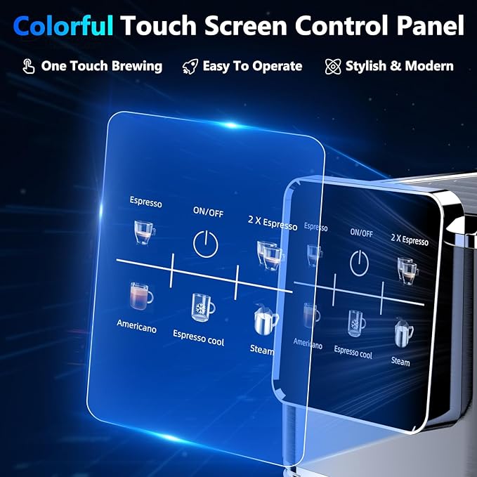 Espresso Machine 20 Bar,Touch Screen Espresso Maker with Steam Milk Frother,Stainless Steel Coffee Machine for Cappuccino Latte Americano Cold Brew,1350W Fast Heat Up System,Black