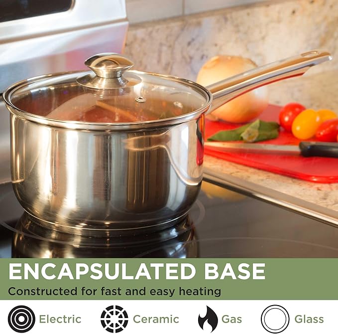 Ecolution Stainless Steel Sauce Pan, Encapsulated Induction Ready Cooking Pot with Glass Lid, Oven Safe, Dishwasher Safe Soup Pot, 3-Quart