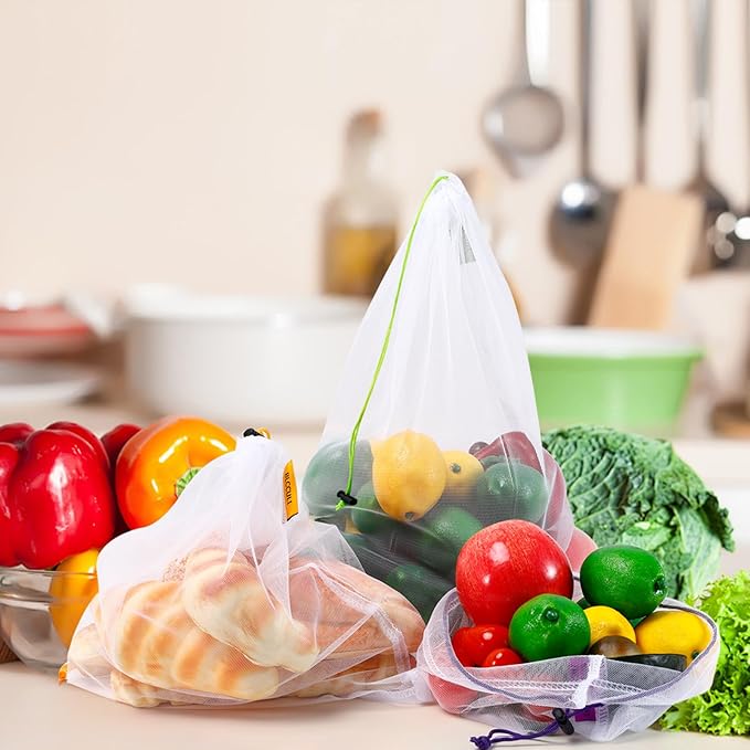 Blcculi 15 Pack Reusable Produce Bags,Washable Mesh Produce Bags,Mesh Grocery Bag with Drawstring & Colorful Tare Weight Tags,See-Through Vegetable Bag for Grocery Shopping,Fruits,3 Sizes