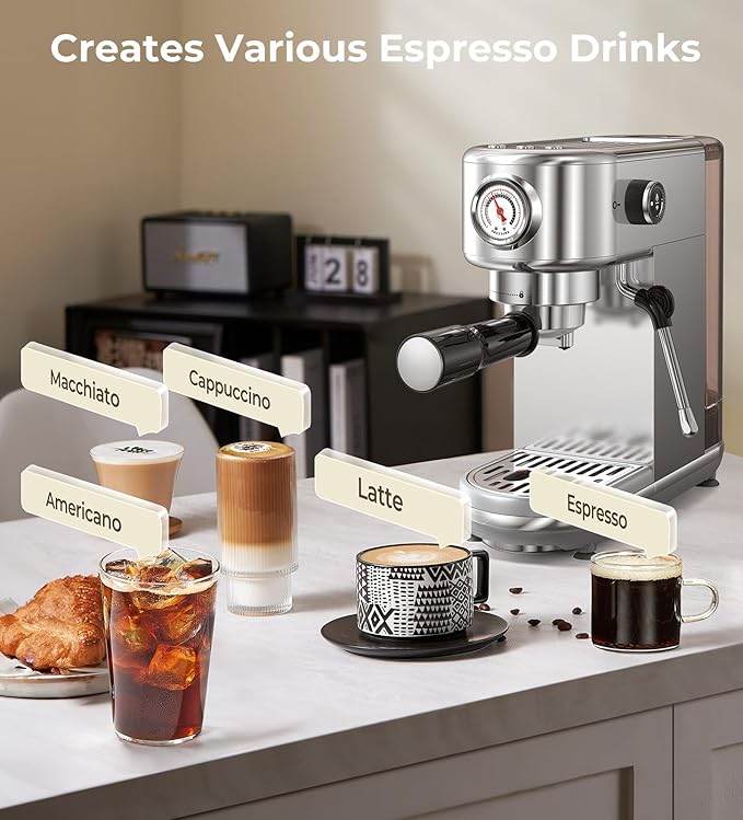Espresso Machine with Milk Frother, 20 Bar High Pressure Professional Espresso Maker Automatic, Compact Stainless Steel Coffee Machine for Cappuccino, Latte, Gift for Coffee Lover, Dad or Mom, Silver
