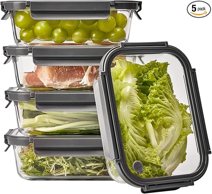 Glass Food Storage Containers with Lids, 5 Pack of 36oz, Glass Meal Prep Container with Airtight Lids, Microwave Safe Food Container Set, BPA Free, LeakProof, Ideal for Lunch
